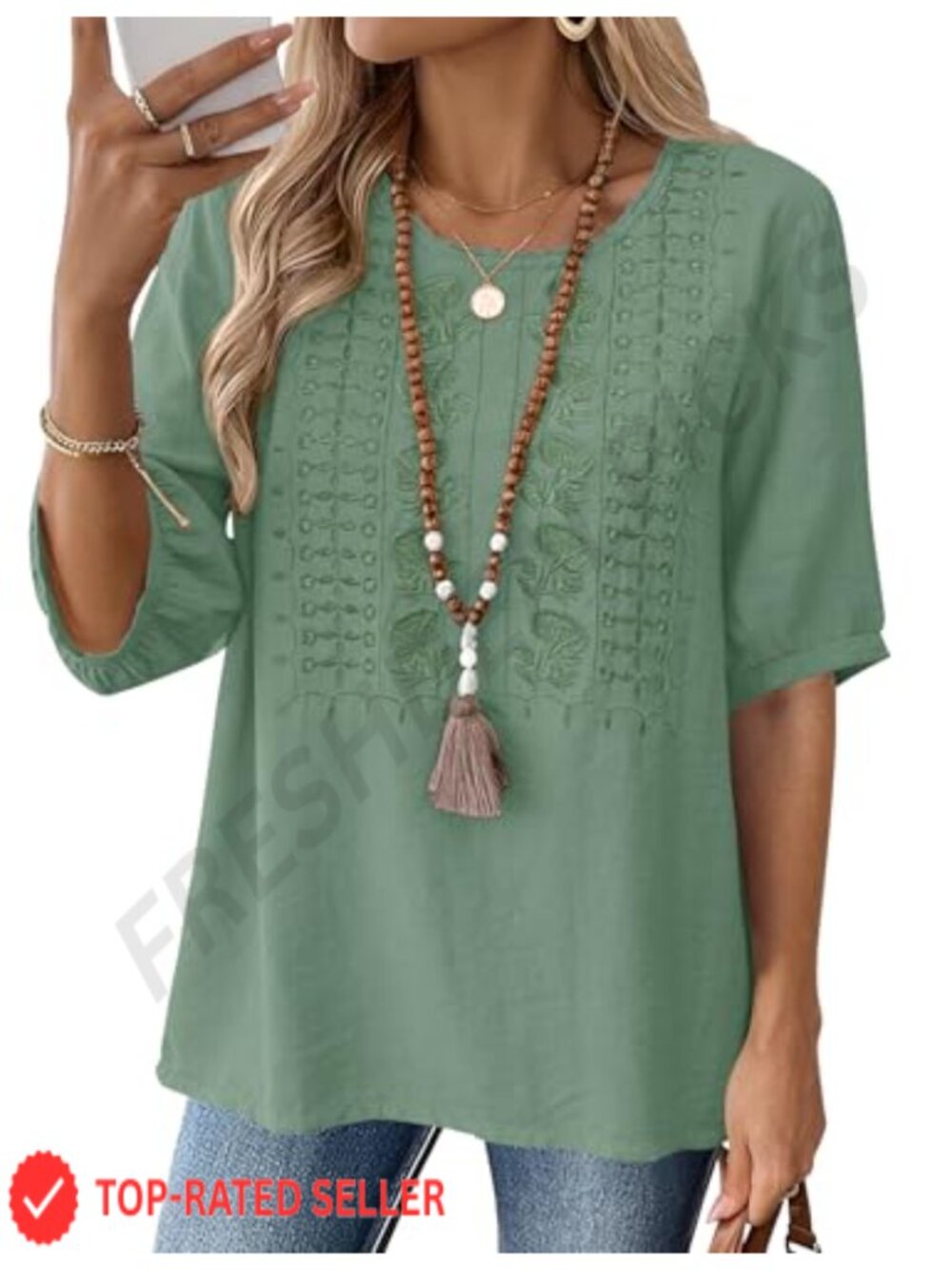 Women's Embroidered Lace Trim Blouse Short Sleeve Crew Neck Top